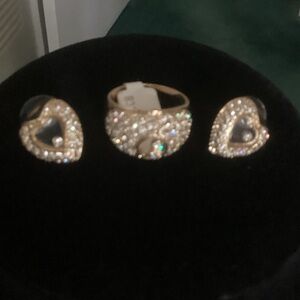 Gold-Tone Heart Crystal Ring and Earring Set - Gold Color